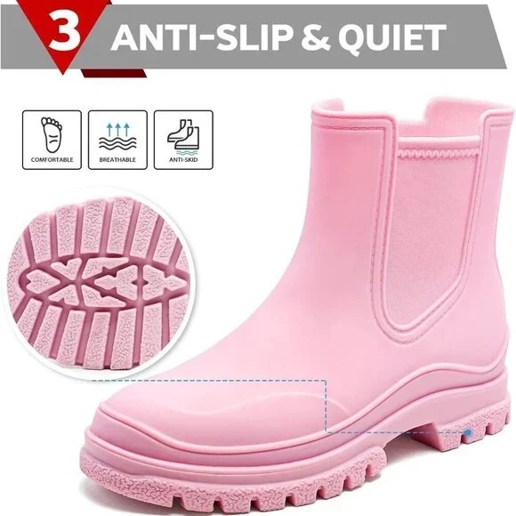 Women's Waterproof Rain Boots Elastic Chelsea Mid Heel Ankle Garden Shoes - Picture 4 of 6